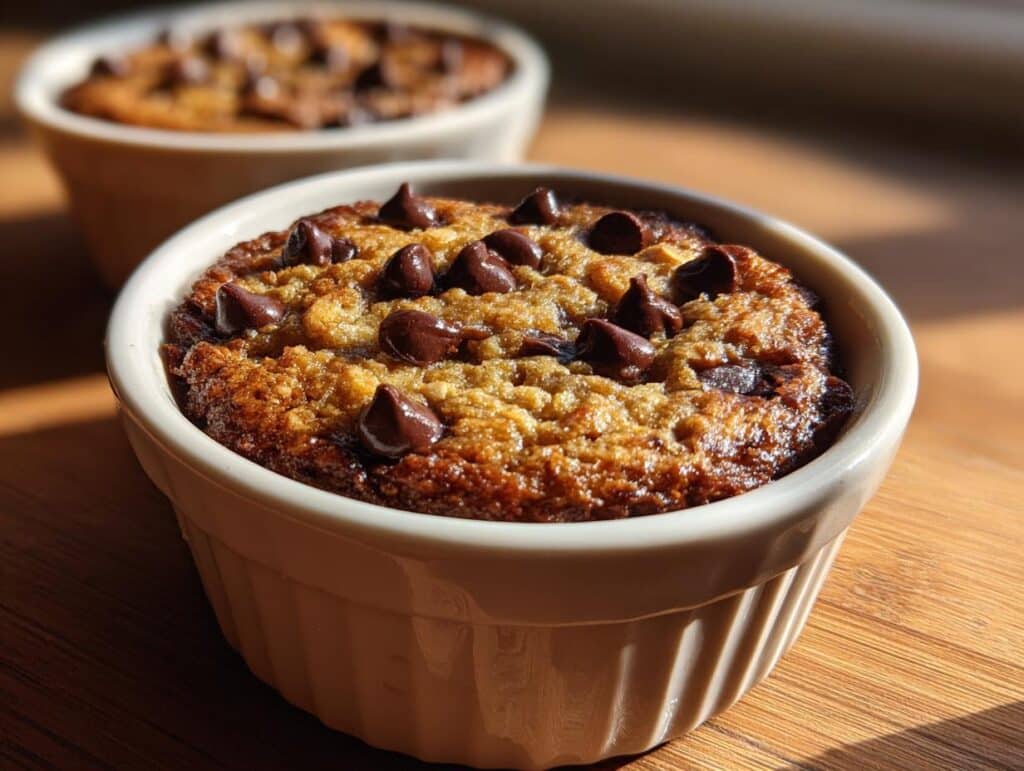 Close-up of delicious chocolate chip baked oats in a white ramekin, ready to be enjoyed.