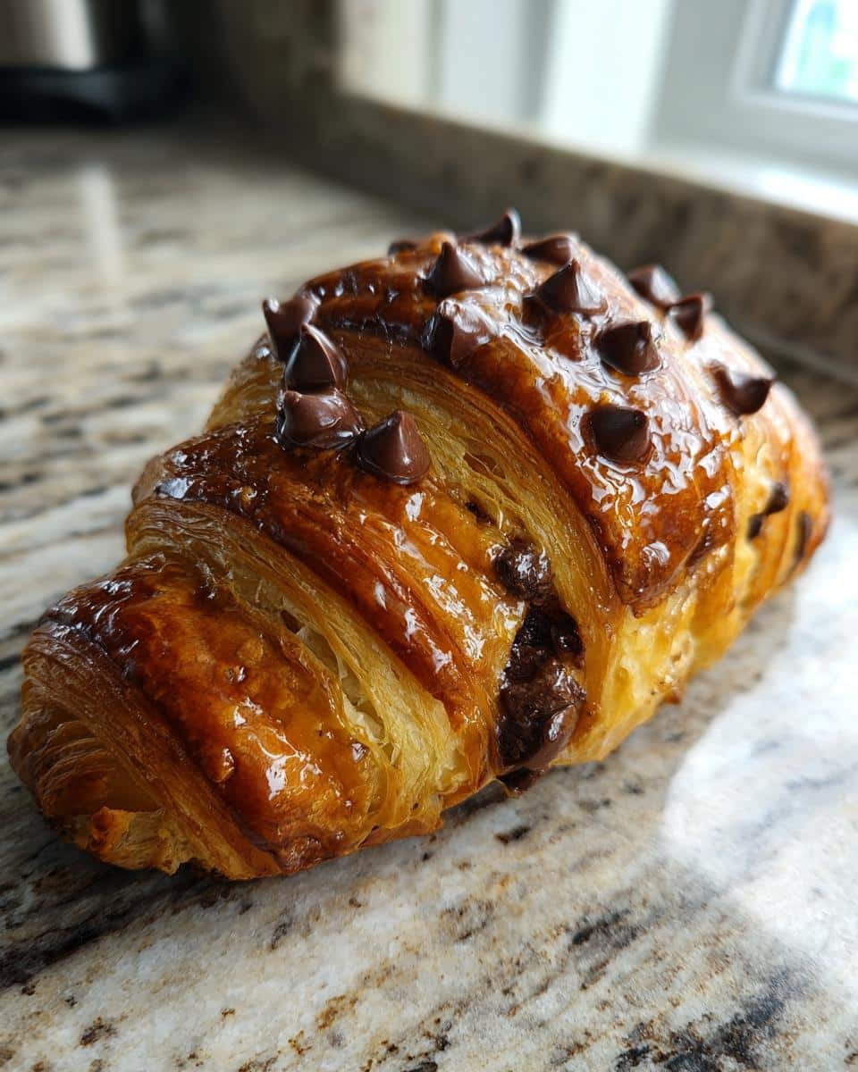 Close-up of a flaky chocolate chip cookie croissant with a glossy glaze and dark chocolate chips.