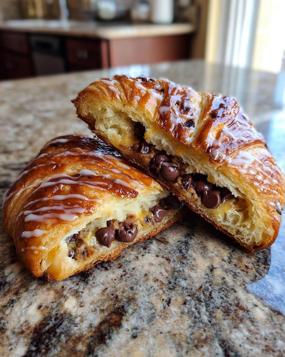 A close-up of a halved cookie croissant filled with chocolate chips and drizzled with icing.