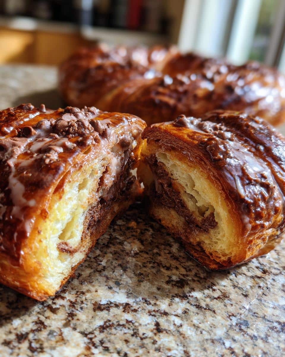 A close-up of a chocolate-filled cookie croissant, cut in half to reveal the flaky layers and rich chocolate center.