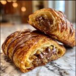 Close-up of a decadent cookie croissant, split open to reveal a gooey chocolate filling and cookie dough chunks.