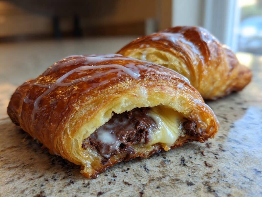 Close-up of a flaky Cookie Croissant, split open to reveal a rich chocolate filling and a drizzle of white glaze.