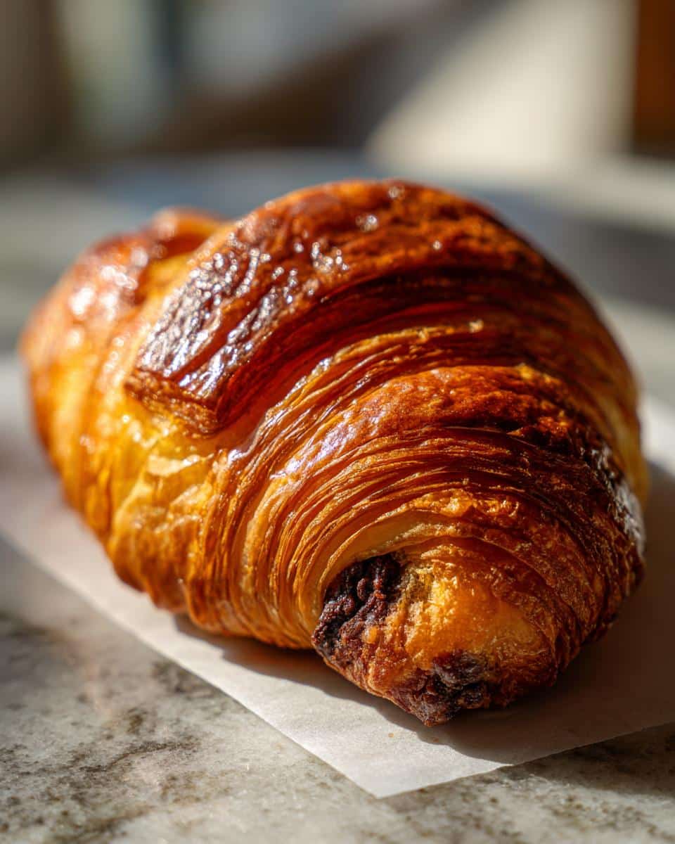 Close-up of a perfectly baked, golden-brown Cookie Croissant with flaky layers and a hint of chocolate filling.