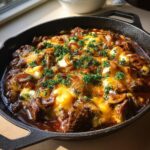 A close-up of a copycat Texas Roadhouse skillet filled with tender beef, melted cheese, and fresh parsley.