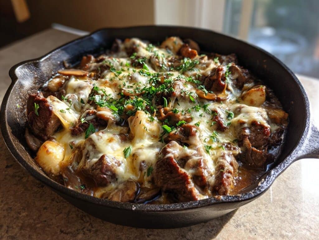 Close-up of a copycat Texas Roadhouse skillet filled with steak, mushrooms, and melted cheese, garnished with parsley.
