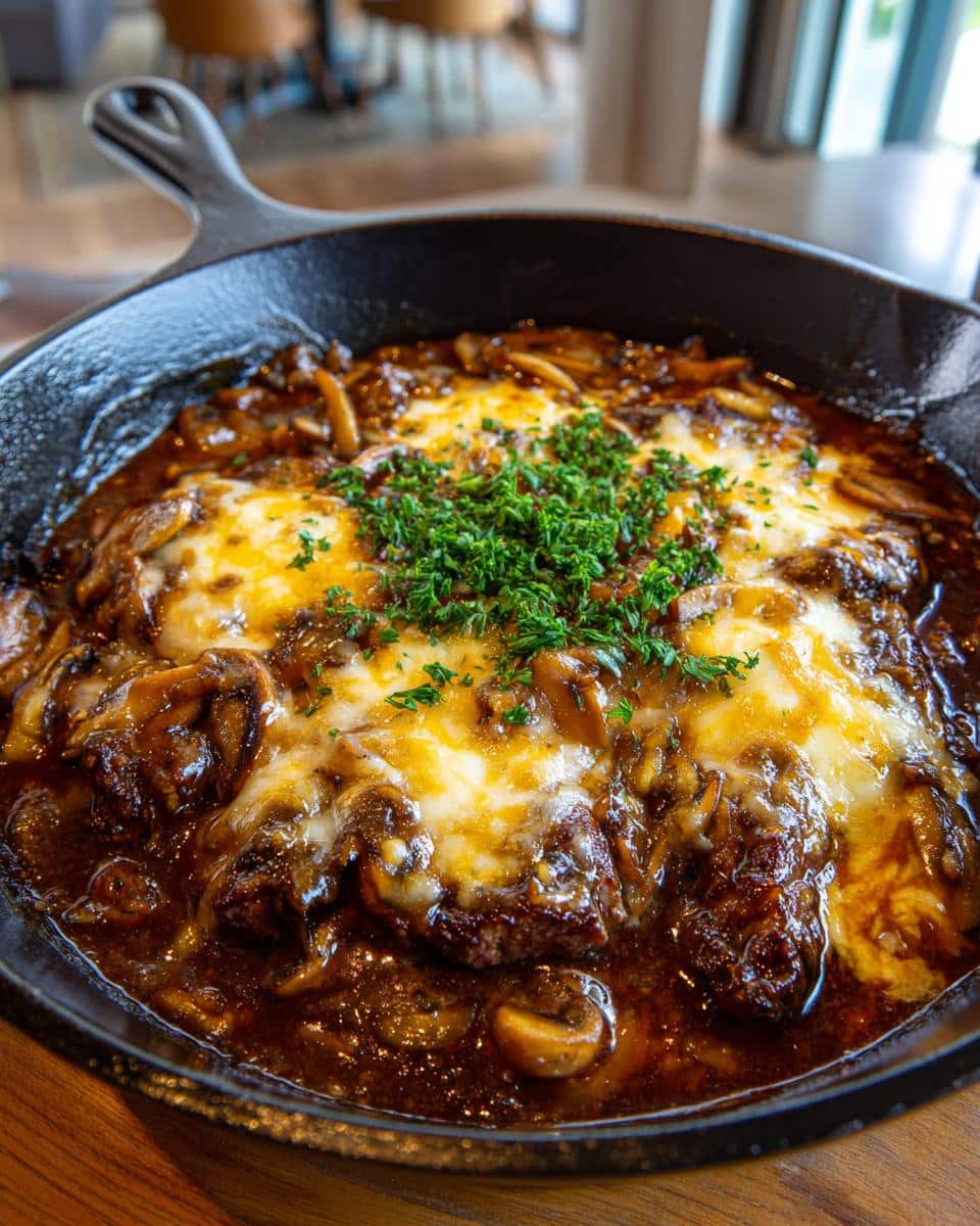 Close-up of a copycat Texas Roadhouse skillet dish with melted cheese and mushrooms.