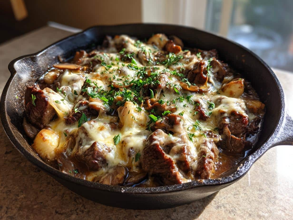 Close-up of a copycat Texas Roadhouse skillet filled with steak, mushrooms, and melted cheese, garnished with parsley.