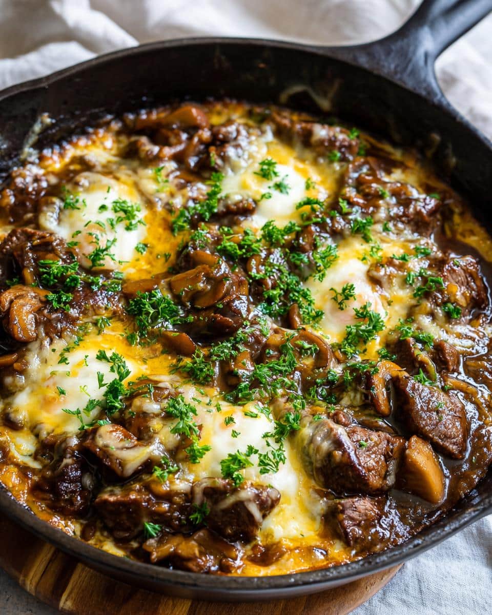 Close-up of a copycat Texas Roadhouse skillet with tender steak, mushrooms, melted cheese, and eggs, garnished with parsley.