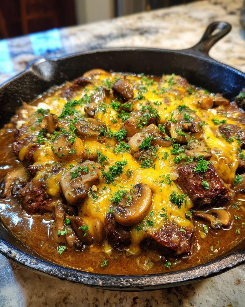 A close-up of a copycat Texas Roadhouse skillet filled with steak, mushrooms, melted cheese, and parsley.