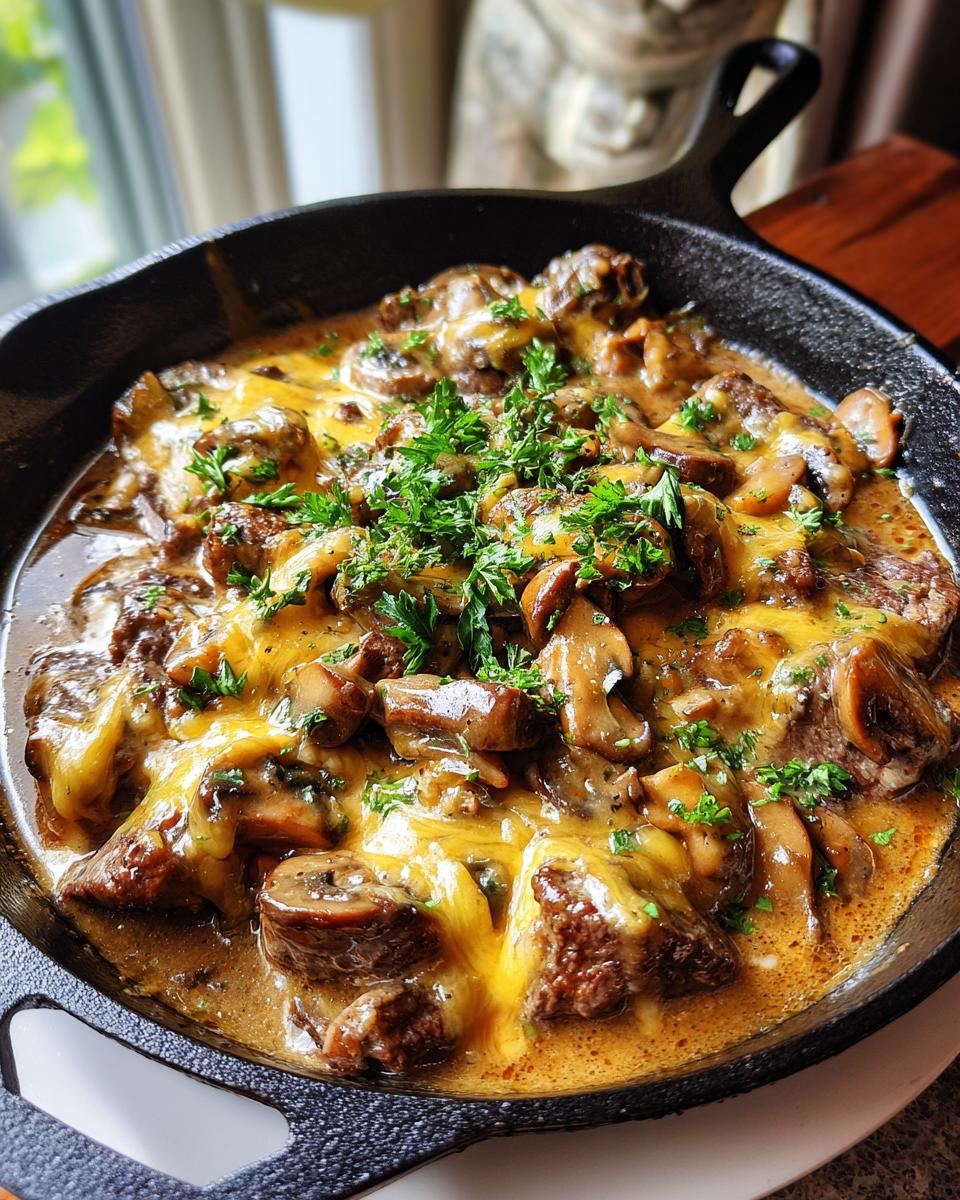 Close-up of a copycat Texas Roadhouse skillet filled with steak, mushrooms, melted cheese, and parsley.