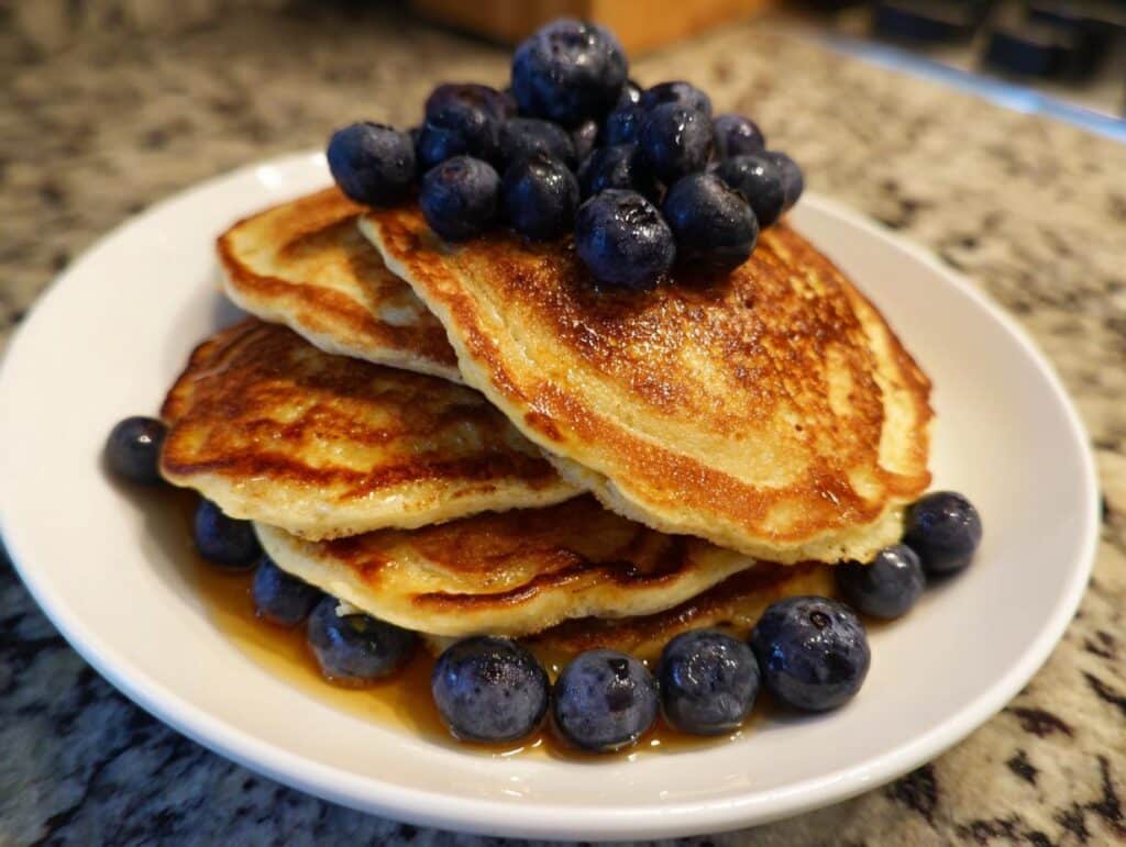 A stack of golden-brown cottage cheese pancakes topped with fresh blueberries and syrup.