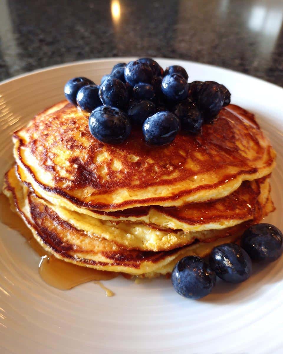 A stack of golden-brown Cottage Cheese Pancakes topped with fresh blueberries and drizzled with syrup.