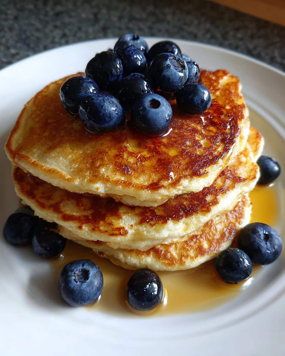 A stack of three golden-brown cottage cheese pancakes topped with fresh blueberries and drizzled with syrup.