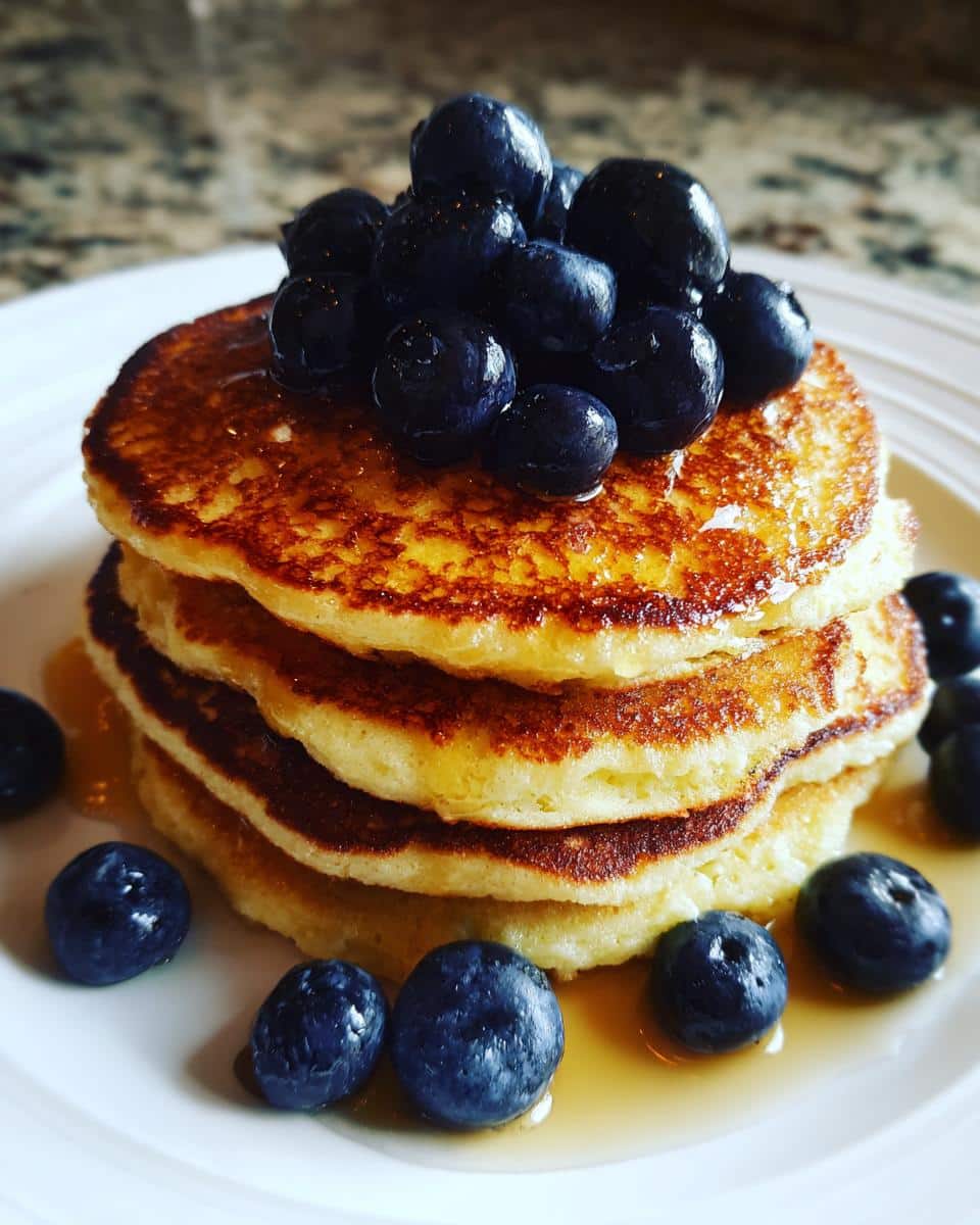 A stack of golden-brown cottage cheese pancakes topped with fresh blueberries and drizzled with syrup.