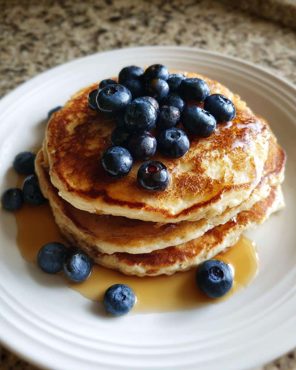 A stack of golden-brown Cottage Cheese Pancakes topped with fresh blueberries and drizzled with syrup.