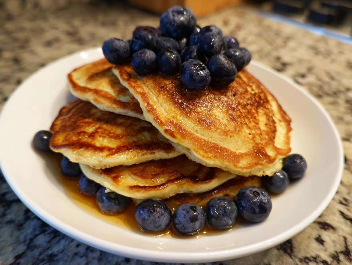 A stack of golden-brown cottage cheese pancakes topped with fresh blueberries and syrup.