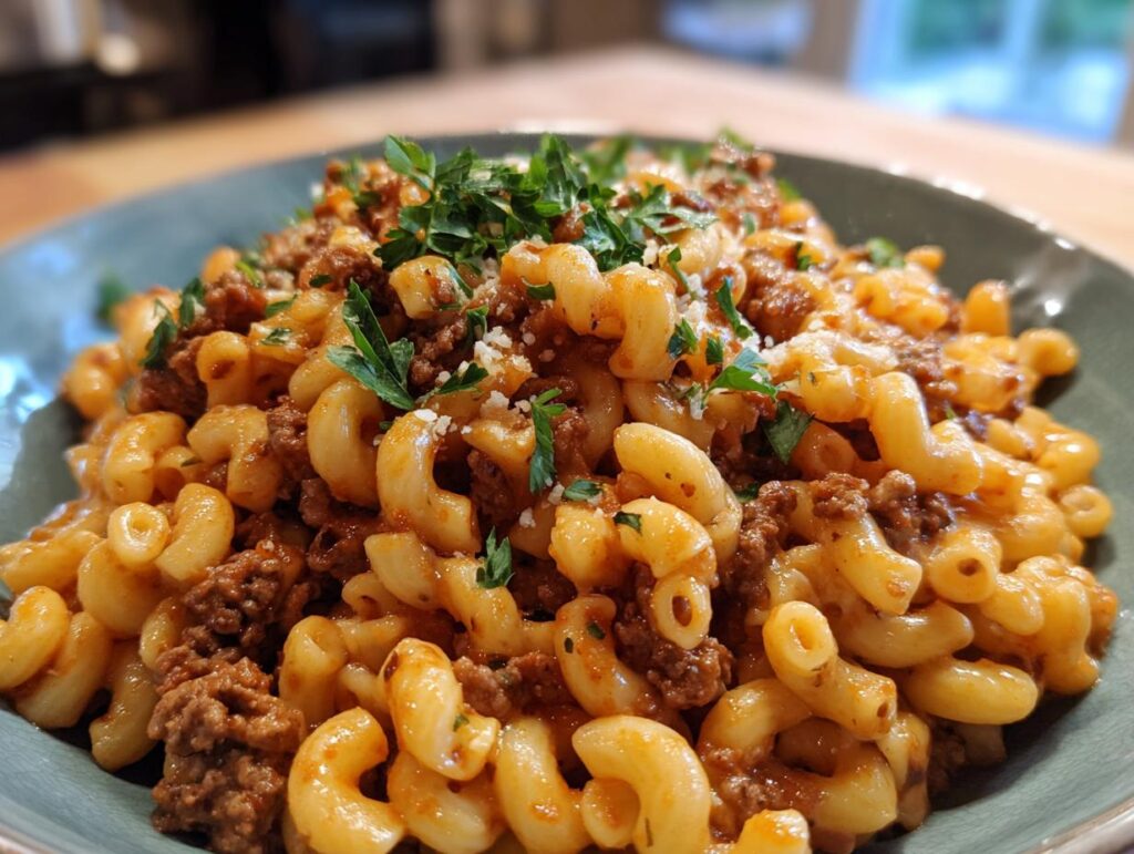 A close-up of hearty creamy goulash with ground beef and pasta, garnished with fresh parsley and grated cheese.