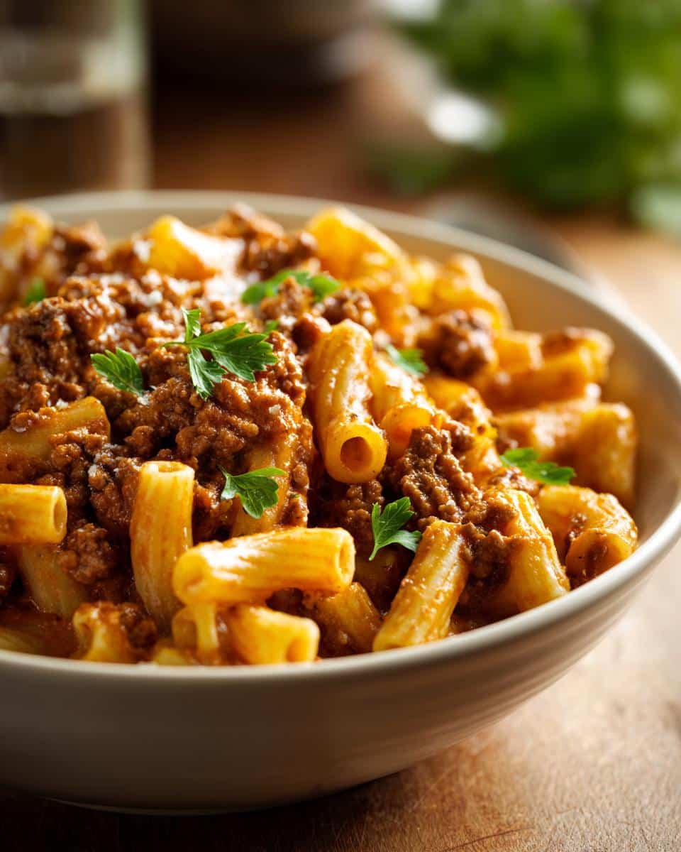 A close-up of a bowl of creamy goulash with ground beef and pasta, garnished with fresh parsley.