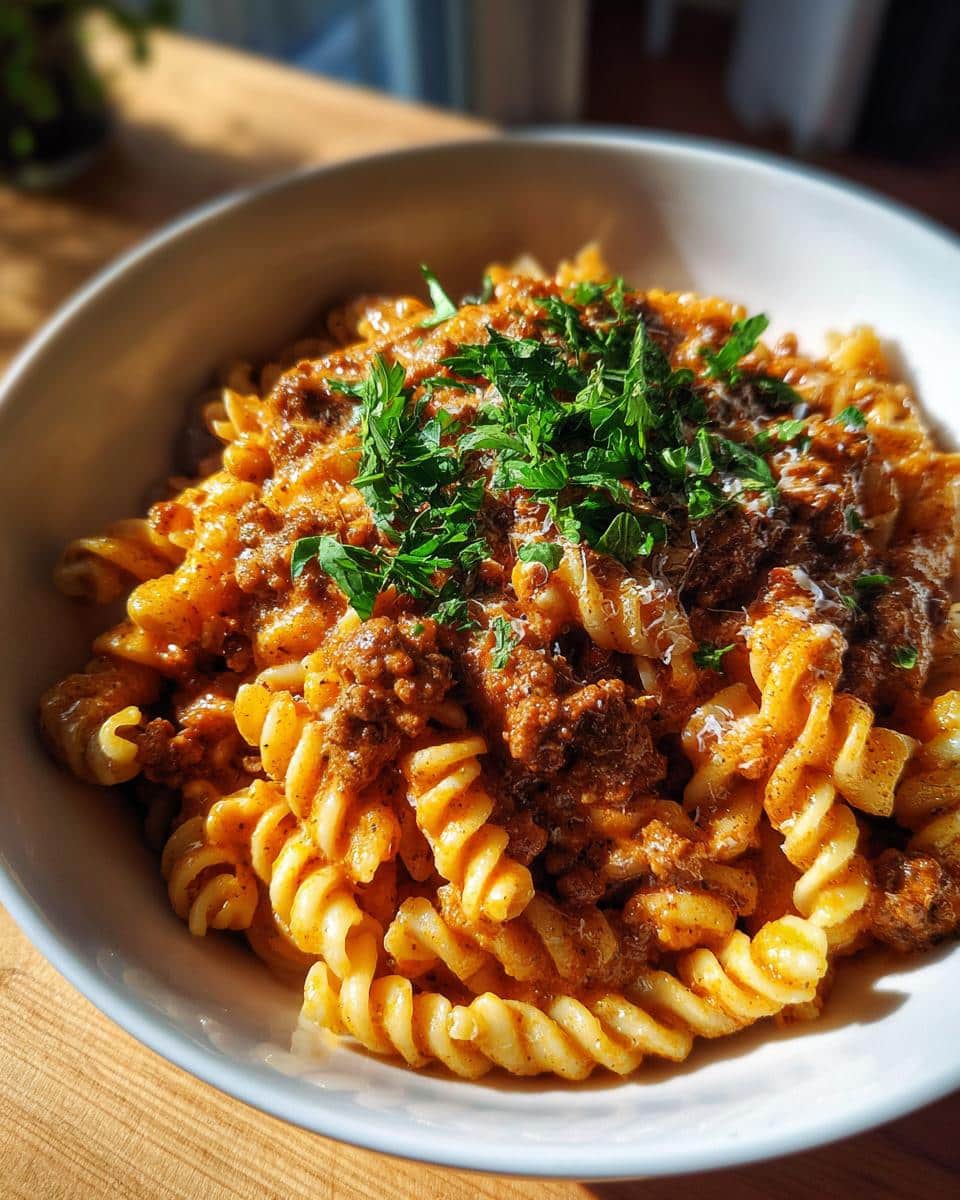A bowl of creamy goulash with ground beef and pasta, topped with fresh parsley and grated cheese.