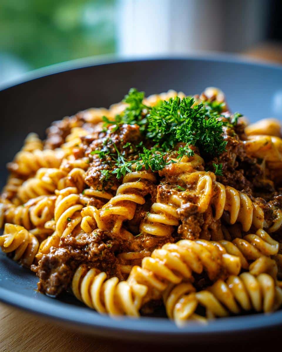 Close-up of a bowl of creamy goulash with ground beef and fusilli pasta, garnished with fresh parsley.