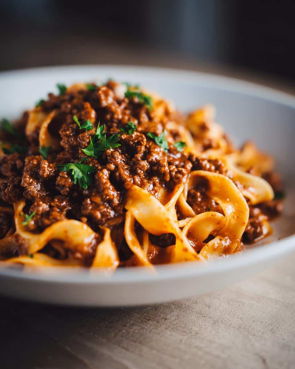 A close-up of hearty creamy goulash with ground beef and pasta, garnished with fresh parsley.