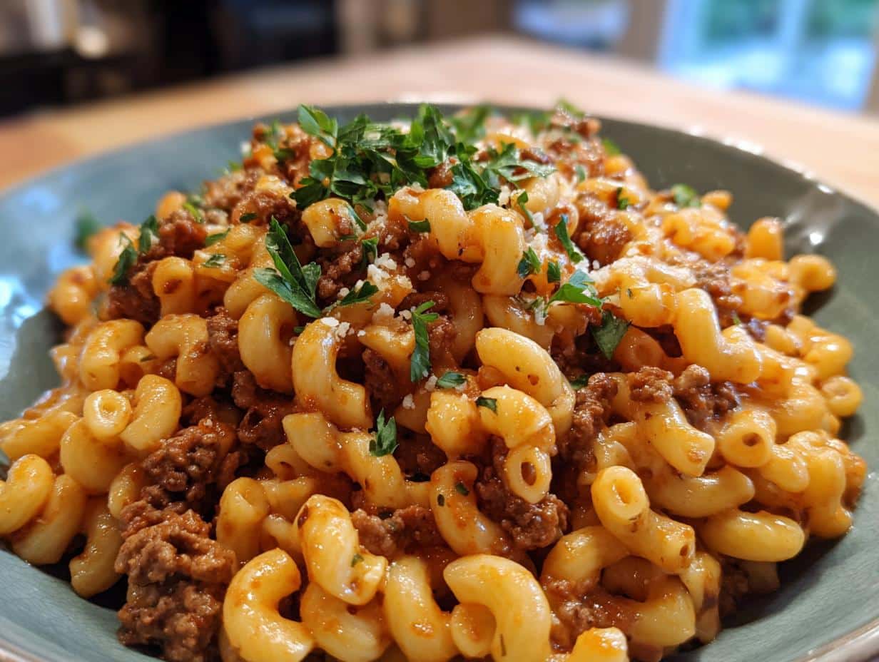 A close-up of hearty creamy goulash with ground beef and pasta, garnished with fresh parsley and grated cheese.