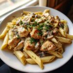 A generous serving of creamy mushroom chicken penne, garnished with fresh parsley.