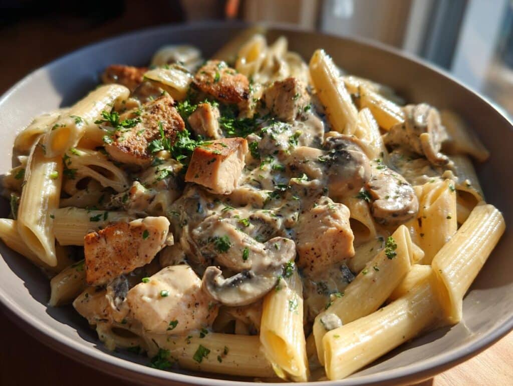 A close-up of a bowl of creamy mushroom chicken penne pasta, garnished with parsley.