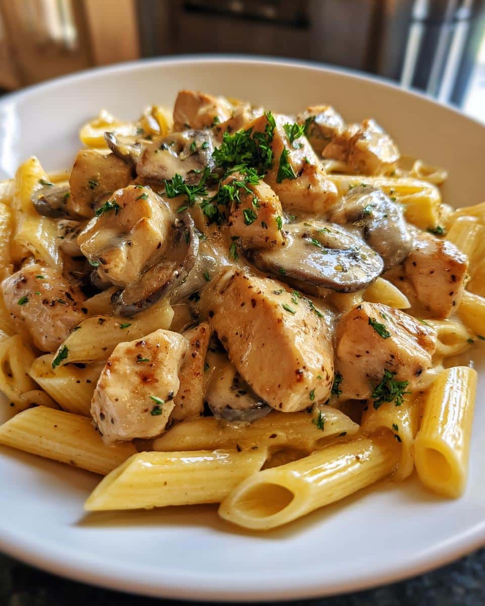 A close-up of creamy mushroom chicken penne pasta, garnished with fresh parsley.