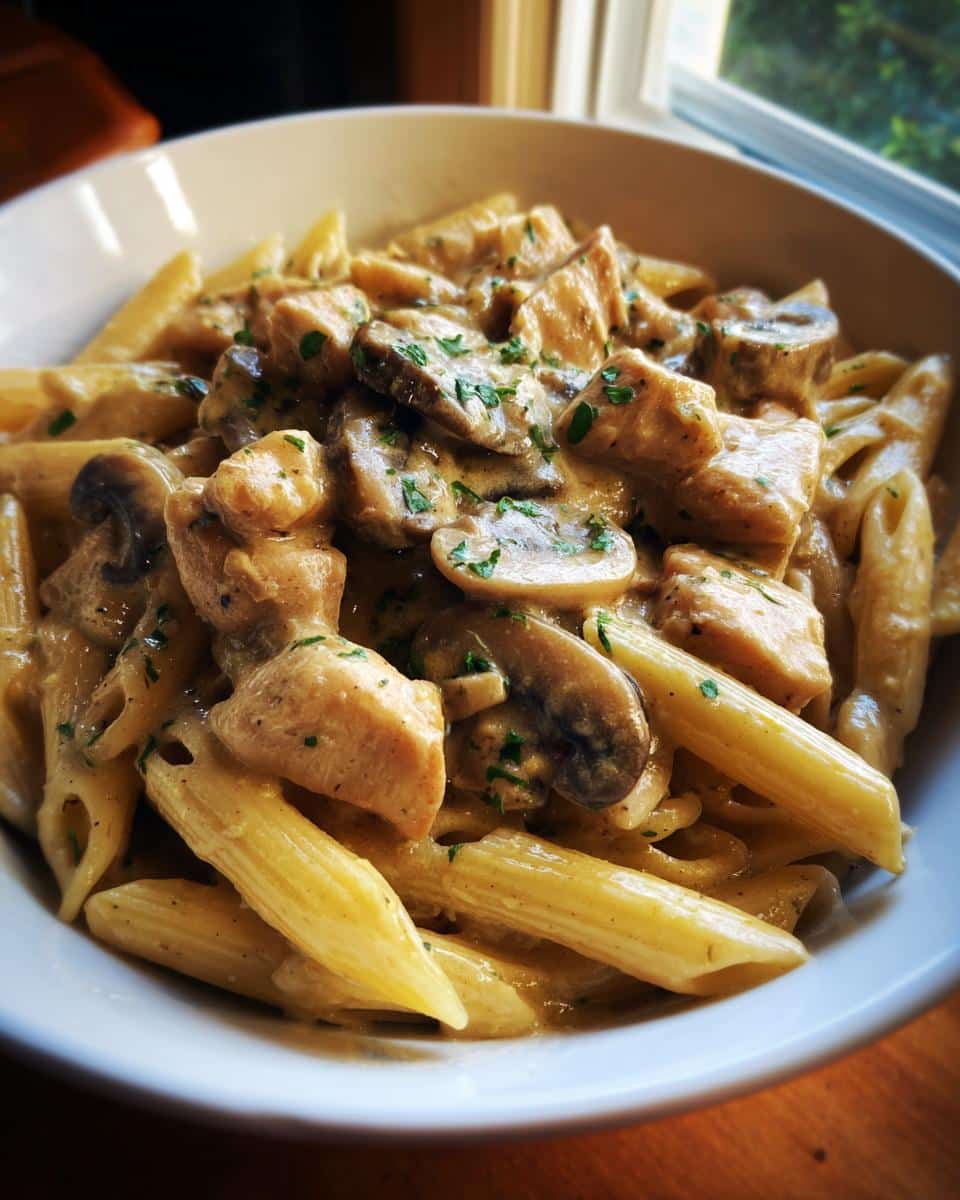A close-up of creamy mushroom chicken penne pasta, garnished with parsley, served in a white bowl.
