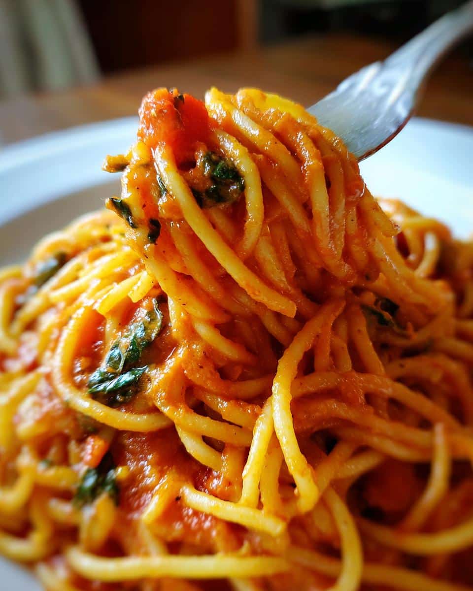 A fork lifts a swirl of creamy tomato pasta with spinach, showcasing one of the easy weeknight pasta recipes.