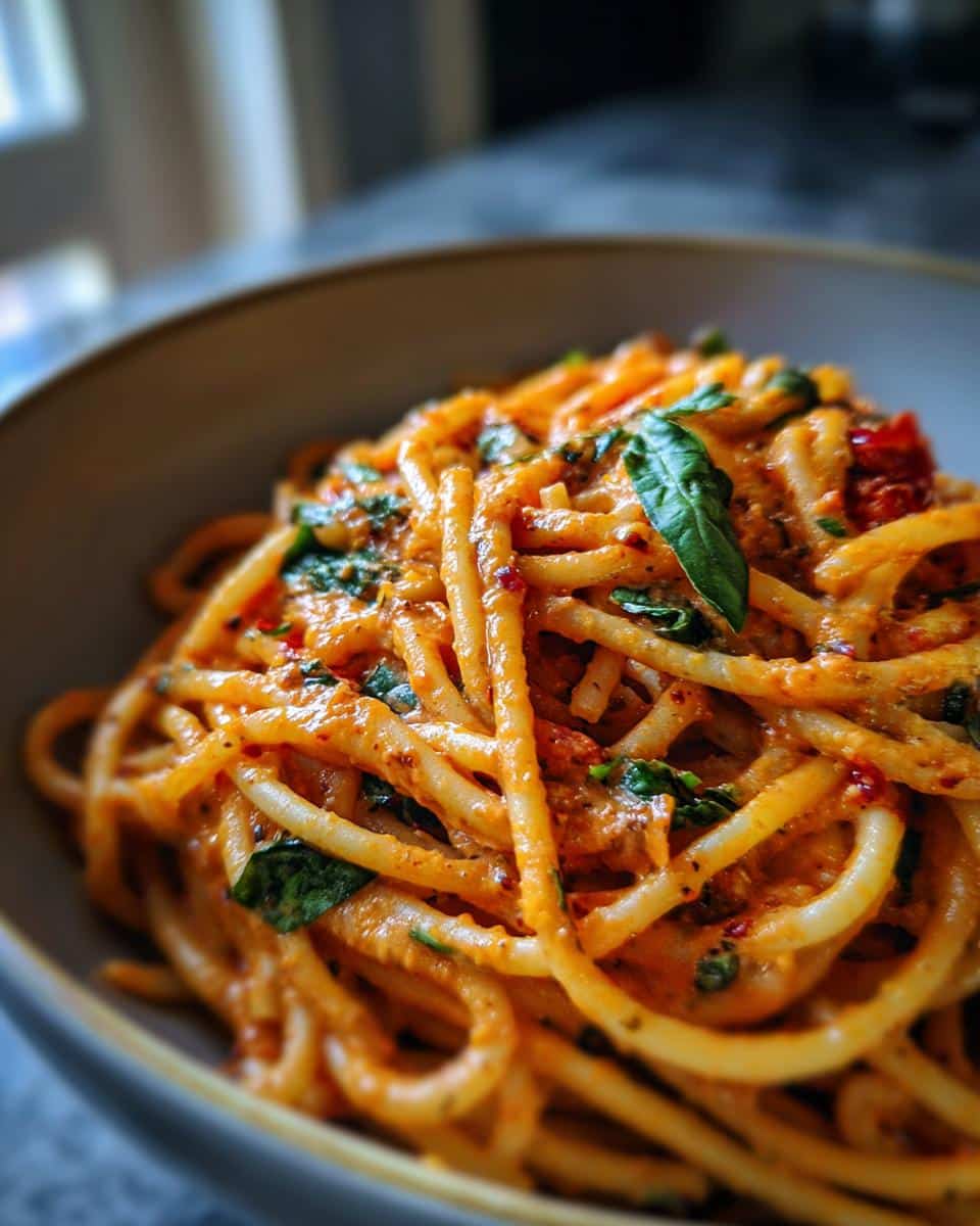 Close-up of creamy tomato pasta with fresh basil, perfect for easy weeknight pasta recipes.