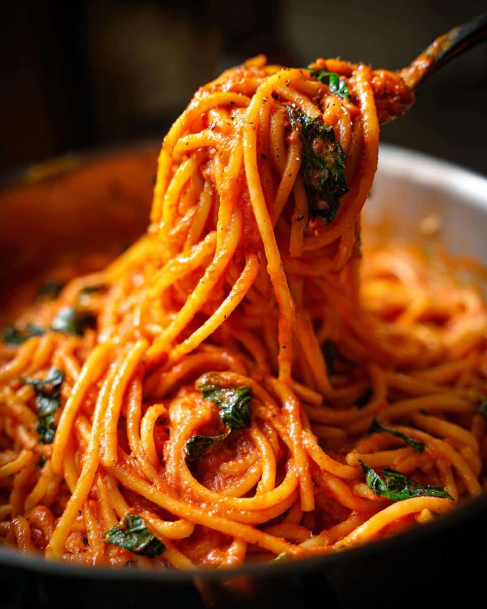 A fork lifts a swirl of creamy tomato pasta, showcasing the delicious texture and basil leaves, perfect for easy weeknight pasta recipes.