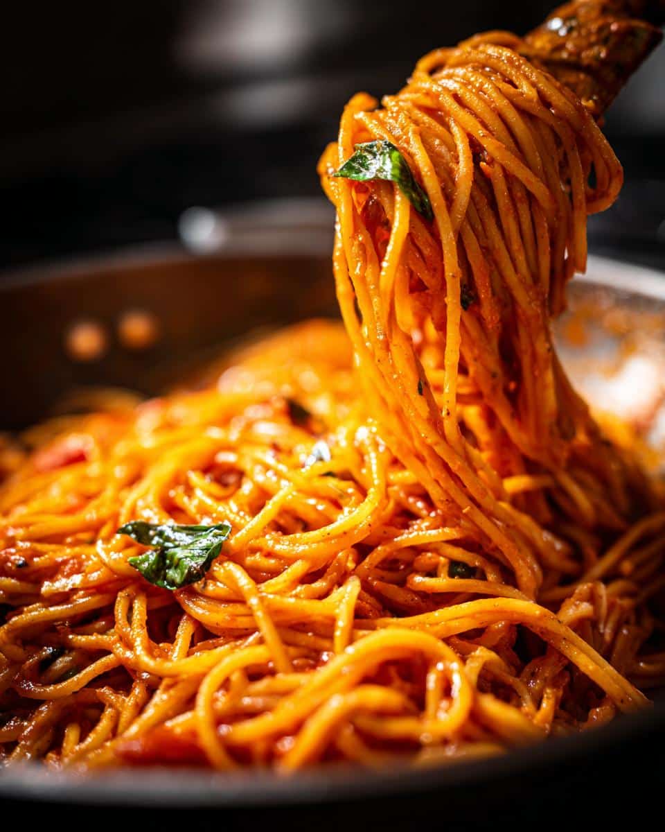 Close-up of creamy tomato pasta being lifted from a pan with a wooden spoon, showcasing spaghetti coated in rich sauce and fresh basil.