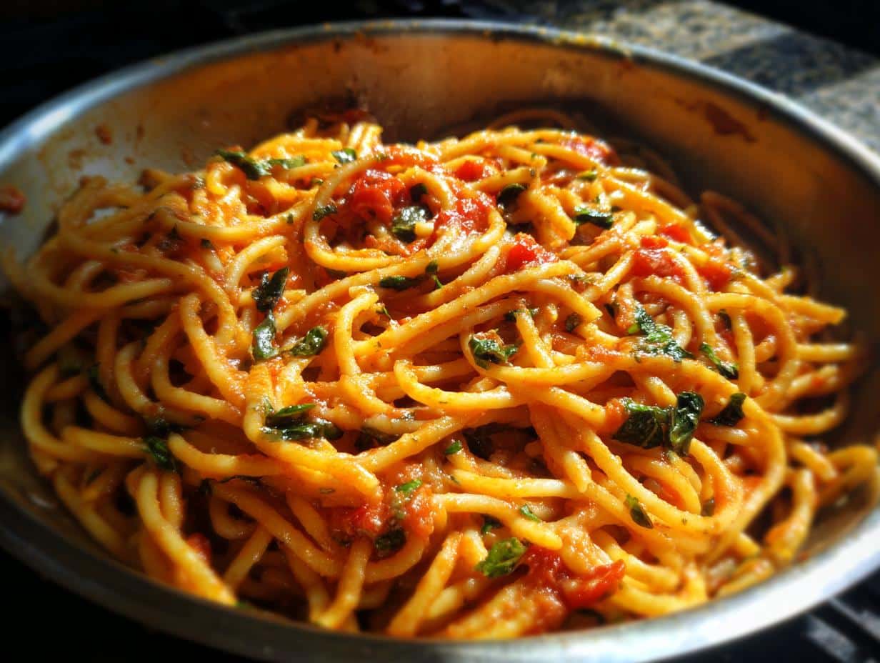 Close-up of creamy tomato pasta with fresh basil, a perfect example of easy weeknight pasta recipes.