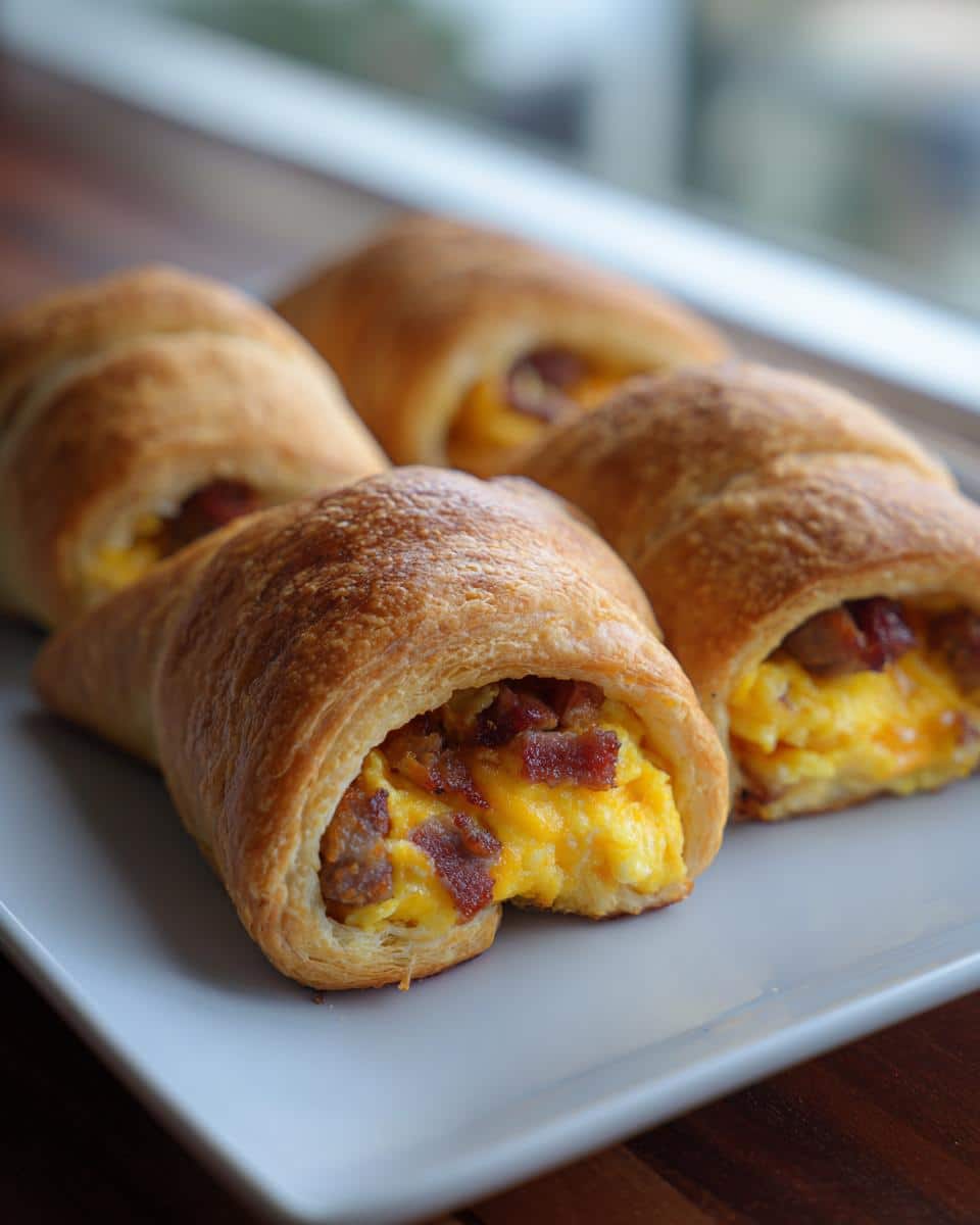 Close-up of golden crescent roll breakfast bundles filled with scrambled eggs, sausage, and bacon.