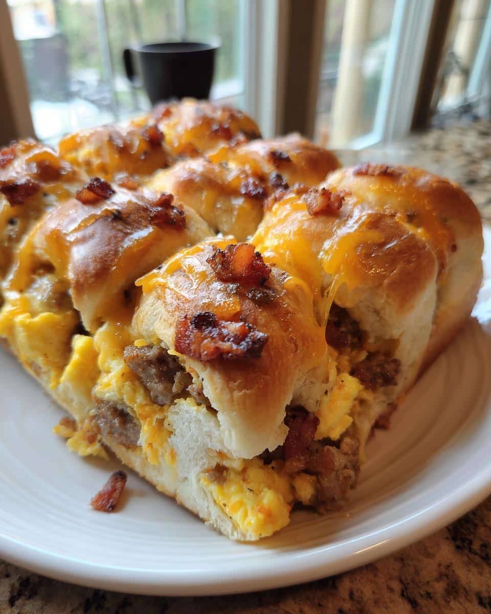 Close-up of golden brown crescent roll breakfast bundles stuffed with scrambled eggs, sausage, cheese, and bacon.