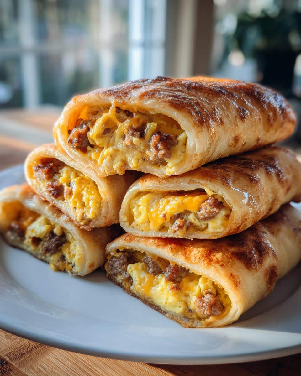 A stack of golden-brown crescent roll breakfast bundles, cut in half to reveal a filling of scrambled eggs, sausage, and melted cheese.