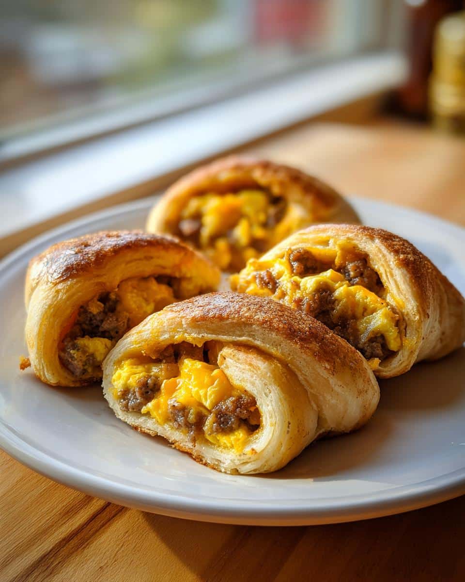 Four golden-brown crescent roll breakfast bundles filled with scrambled eggs and sausage, served on a white plate.