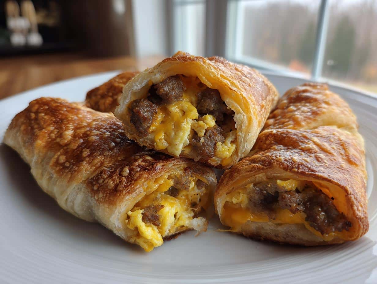 Close-up of golden brown crescent roll breakfast bundles filled with scrambled eggs and sausage.