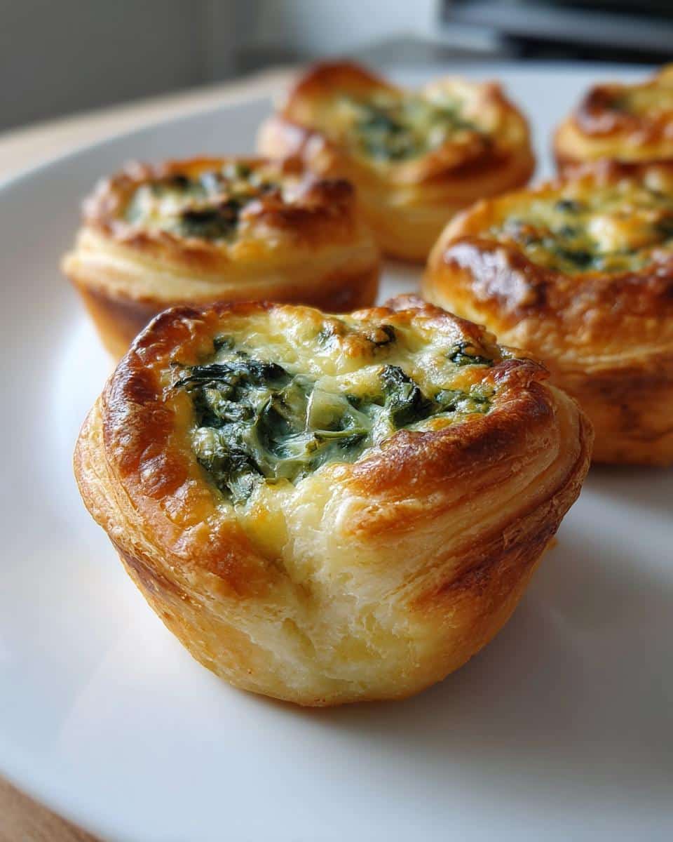 Close-up of golden brown crescent roll spinach dip bites filled with creamy spinach and cheese.
