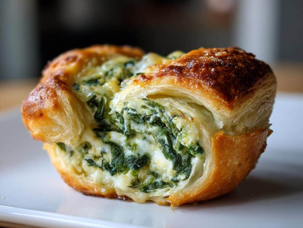 A close-up of a golden-brown crescent roll spinach dip bite, showing the flaky pastry and creamy spinach filling.