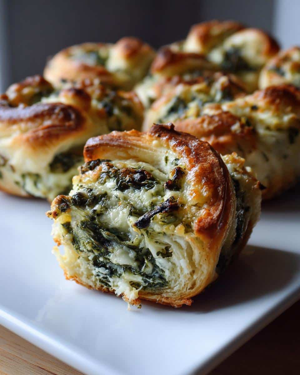 A close-up of a crescent roll spinach dip bite, showing the flaky pastry and creamy spinach filling.