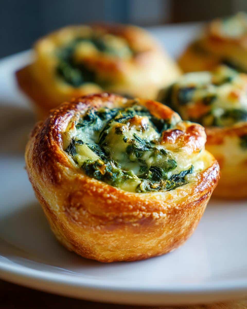 Close-up of a delicious crescent roll spinach dip bite with golden brown pastry and cheesy spinach filling.