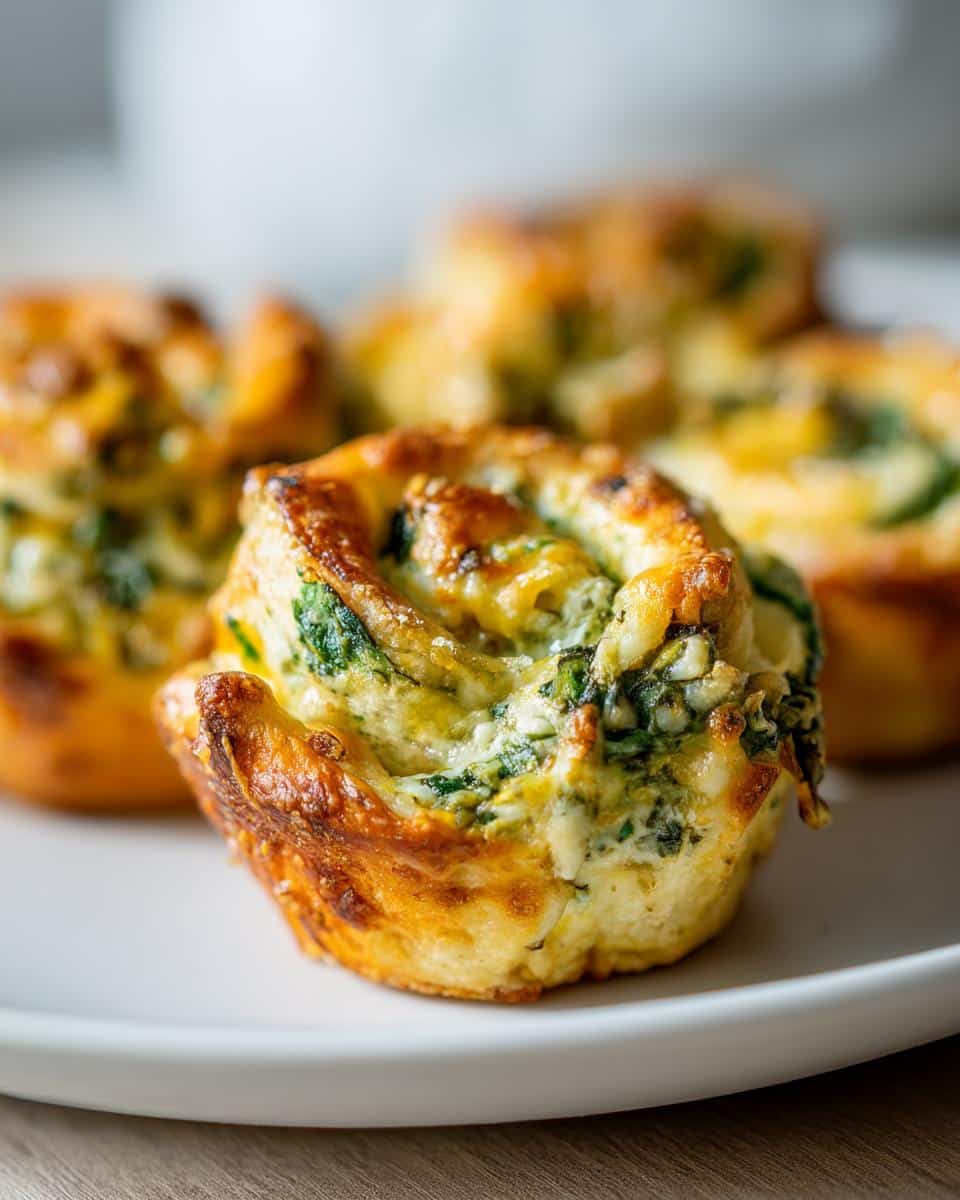 Close-up of golden brown crescent roll spinach dip bites, showing swirls of spinach and cheese.
