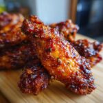 Close-up of a pile of crispy air fryer BBQ wings, glistening with sauce and spices, on a wooden board.