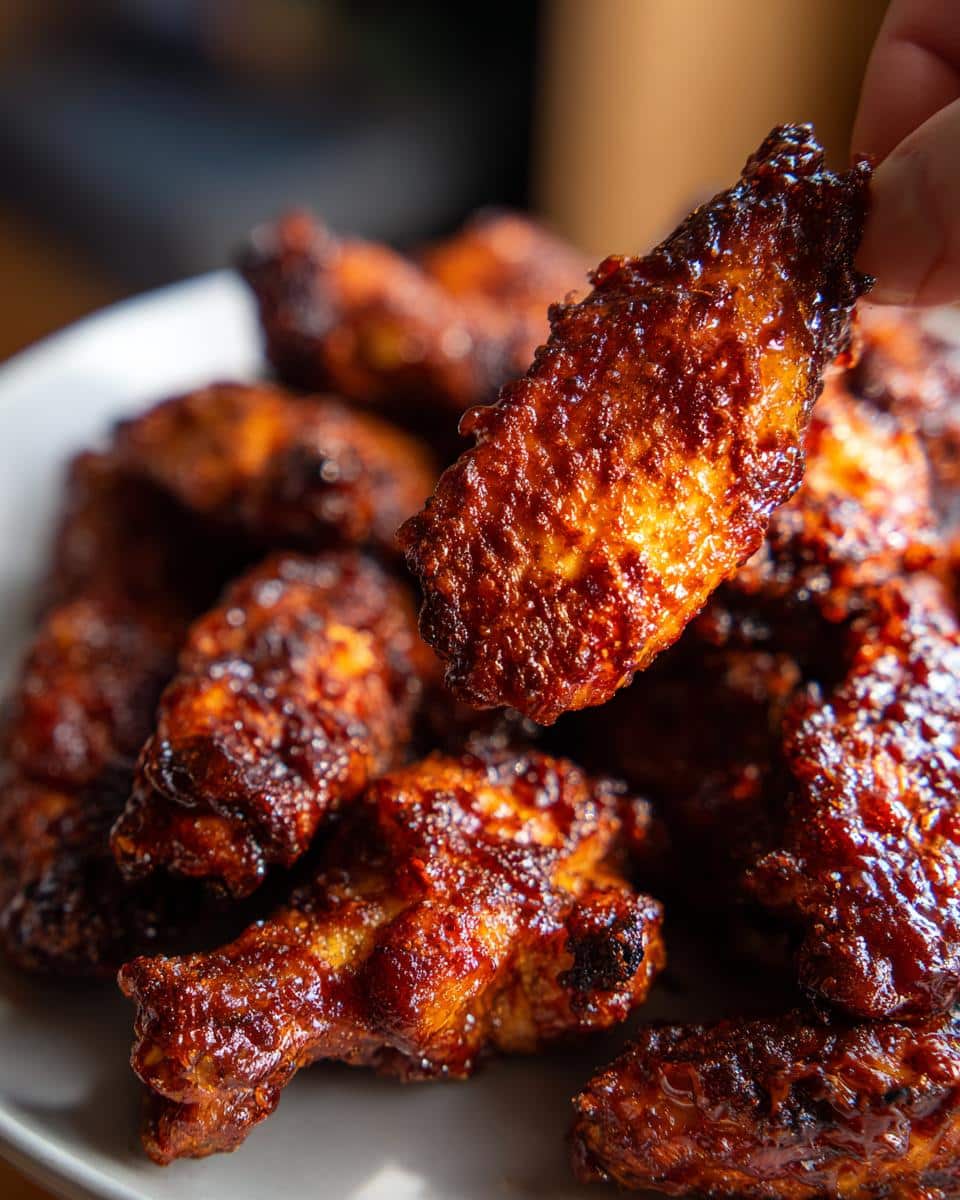 A hand holding a perfectly cooked, crispy air fryer BBQ wing, coated in a glistening BBQ sauce.
