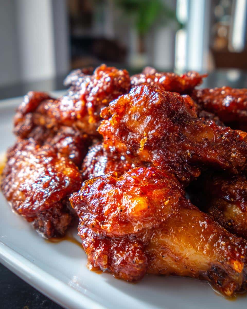 A close-up shot of a pile of perfectly cooked, crispy air fryer BBQ wings on a white plate.