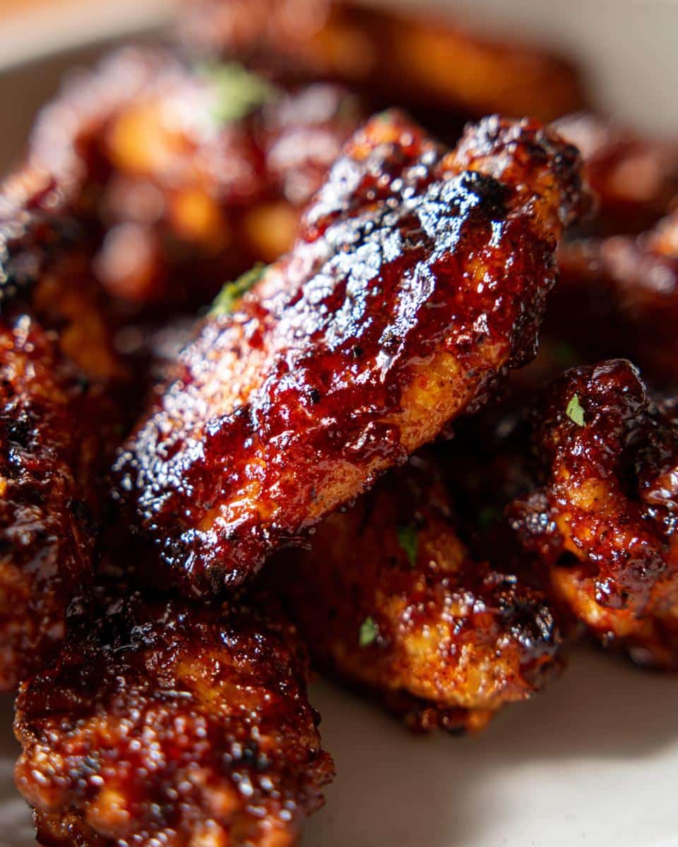 Close-up of perfectly cooked crispy air fryer BBQ wings, glistening with sauce and sprinkled with herbs.