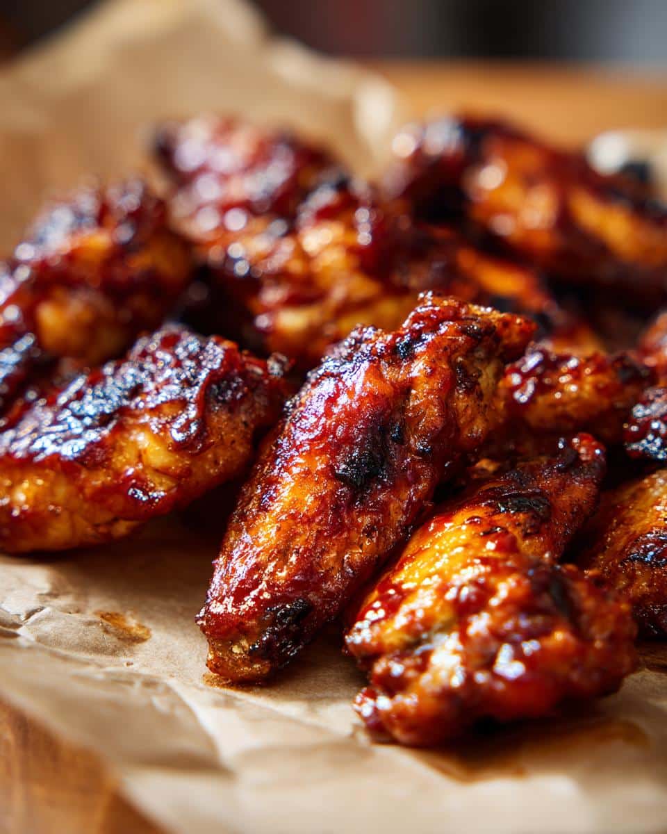Close-up of delicious crispy air fryer BBQ wings coated in a glossy sauce, served on parchment paper.